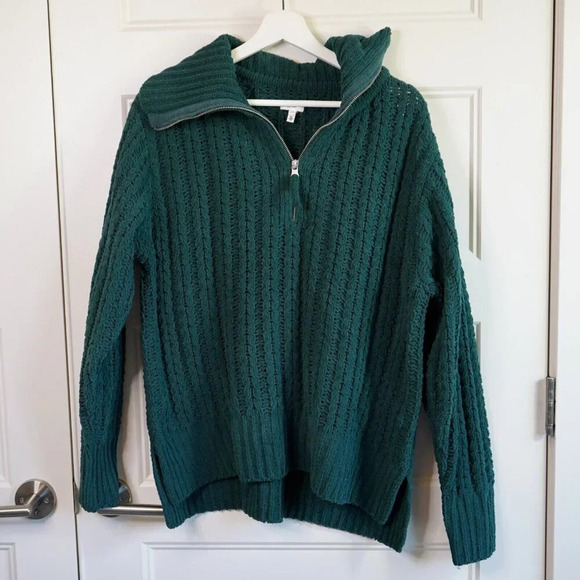 Aerie Cable Car Quarter Zip Sweater Green Chunky Knit Winter Cozy Warm Oversized - Picture 5 of 10